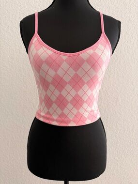 Stradivarius Pink & White Argyle Knit Crop Top | Spaghetti Strap Y2K Preppy Cami